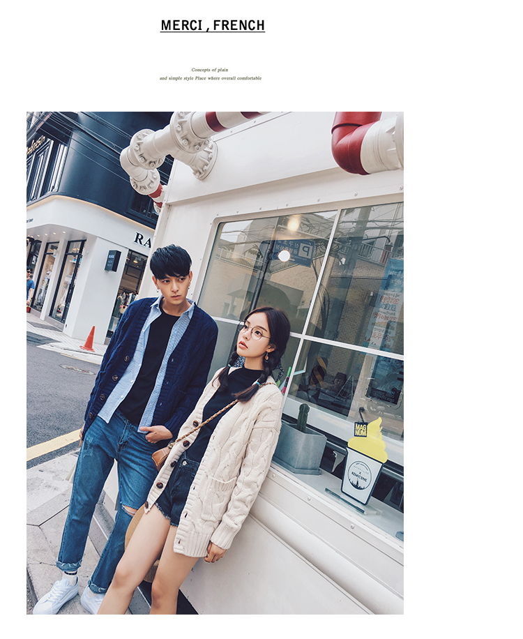 IFashion mùa thu và mùa đông mới retro xoắn bện pocket trang trí couple áo len cardigan coat nam giới và phụ nữ áo len