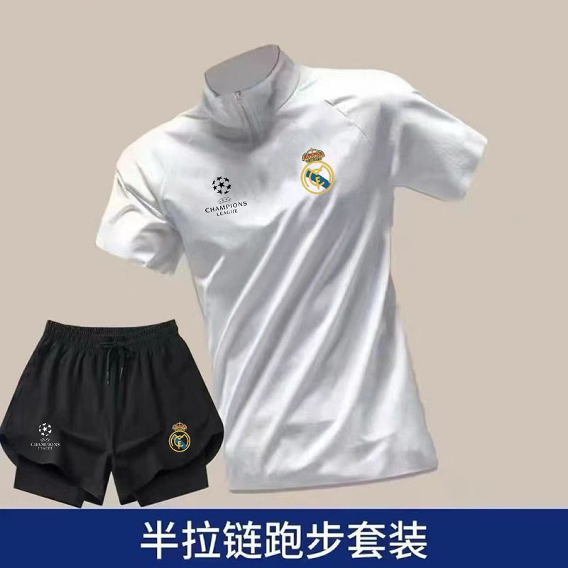 2526 Champions League Real Madrid Football Training Uniform Half-Zip Short-Sleeved T-Shirt Men's Summer Quick-Drying Breathable Sports Shorts Set