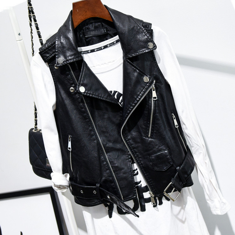 2020 Spring and Autumn New Style Women's Short Leather Vest Korean Version Sleeveless Leather Jacket Pu Cropped Shoulder Belted Leather Coat Trendy
