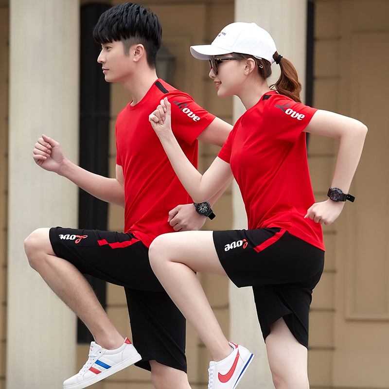 Group Couple Outfits, Summer Casual Sports Suits, Same Style for Men and Women, Short-Sleeved Shorts Two-Piece Set, Pure Cotton, Red, Large Size