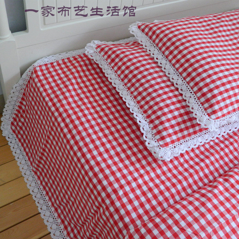 Pure cotton two-piece set of three sets of lace panes bed linen pillowcase thickened small plaid all-cotton old coarse cloth bed product kit