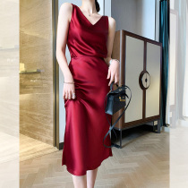 Summer blockbuster acetate satin high waist thin split skirt Womens slim bag hip wine red skirt medium and long