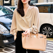 Spring and summer new commuter niche design French v-neck age-reducing Foreign style long-sleeved shirt thin satin shirt women