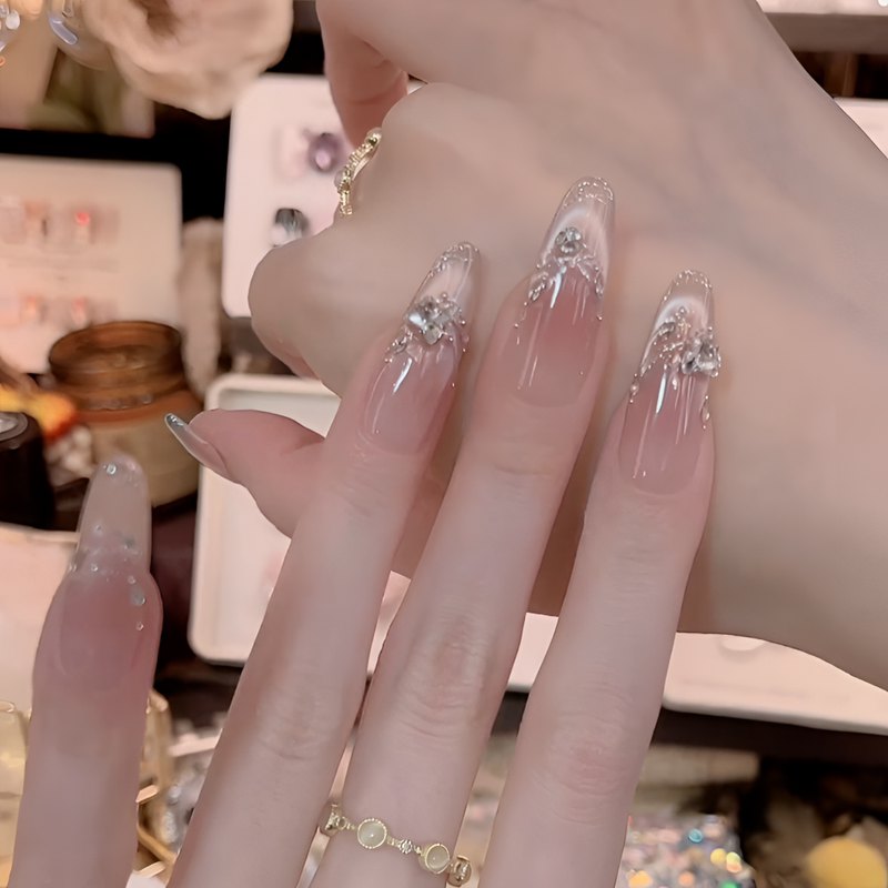 Spring New Nude Gradient Glitter Cat-Eye Nail Art Wearable Nails Medium-Long Style Elegant Brightening Phototherapy Nail Patches