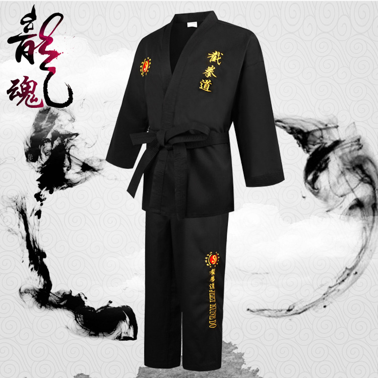 Factory spot Bruce Lee full embroidery cut boxing costume men and women adult children open placket black polyester cotton send belt
