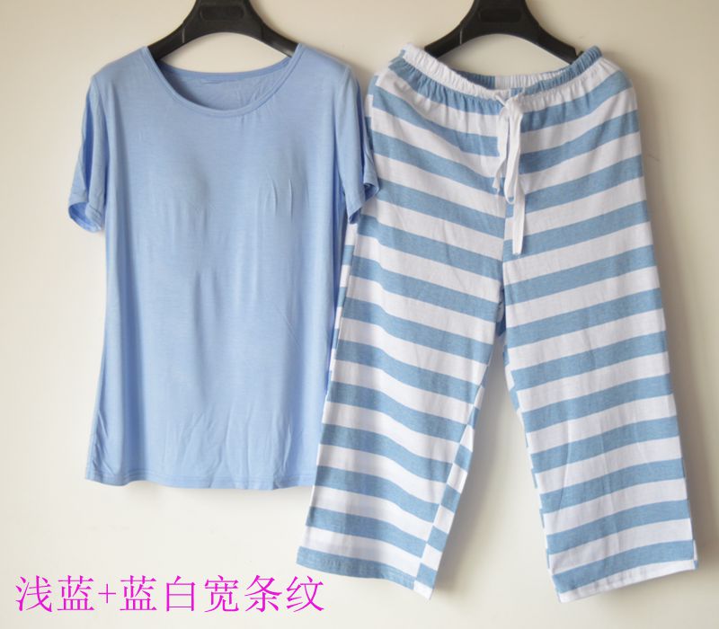 Ladies Summer Modal Tops Bông Sọc Pajama Ngắn Tay Áo Cắt Quần Đồ Ngủ Nhà Dịch Vụ Set