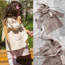 Ins style autumn and winter super cute bunny ears hat for boys and girls double-breasted handmade woolen woolen coat warm jacket