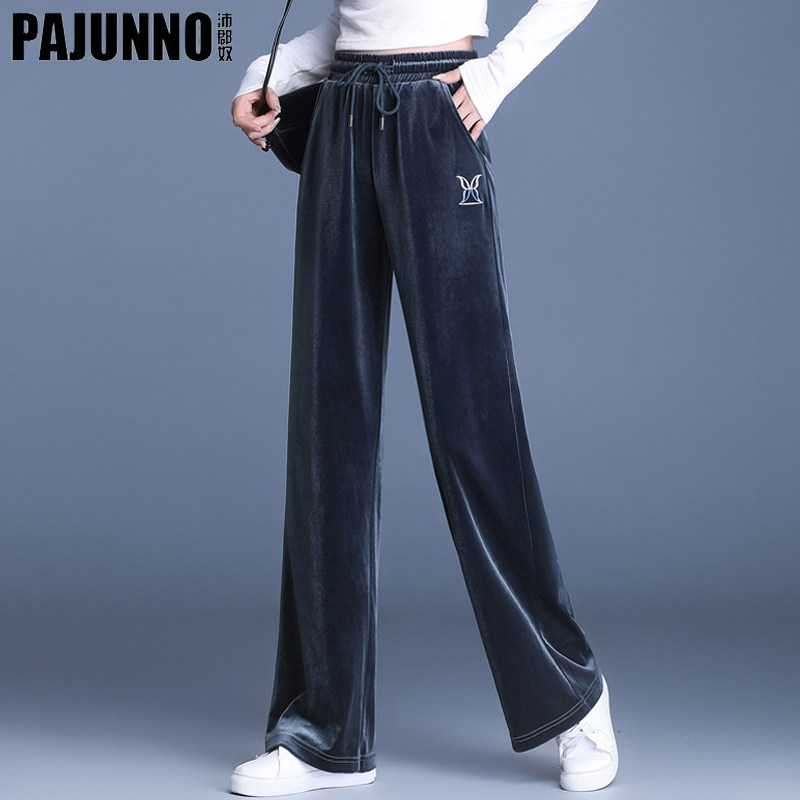 Gold Velvet Broadlegged Pants Woman Spring Autumn Thin pendants Sensation Trousers High Waist Tugging Pants Loose large size Size Silk Suede Female Pants