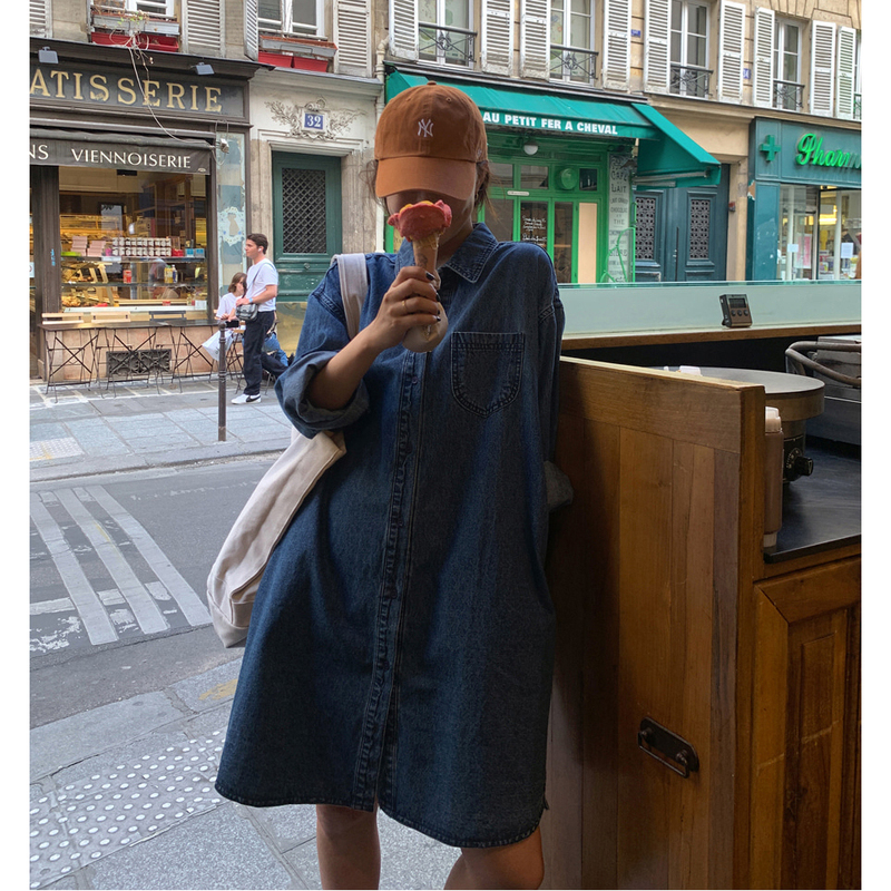 Maternity Spring Denim Shirt Dress New Korean Style Trendy Mom Loose Mid-Length Stylish Pregnancy Dress Spring