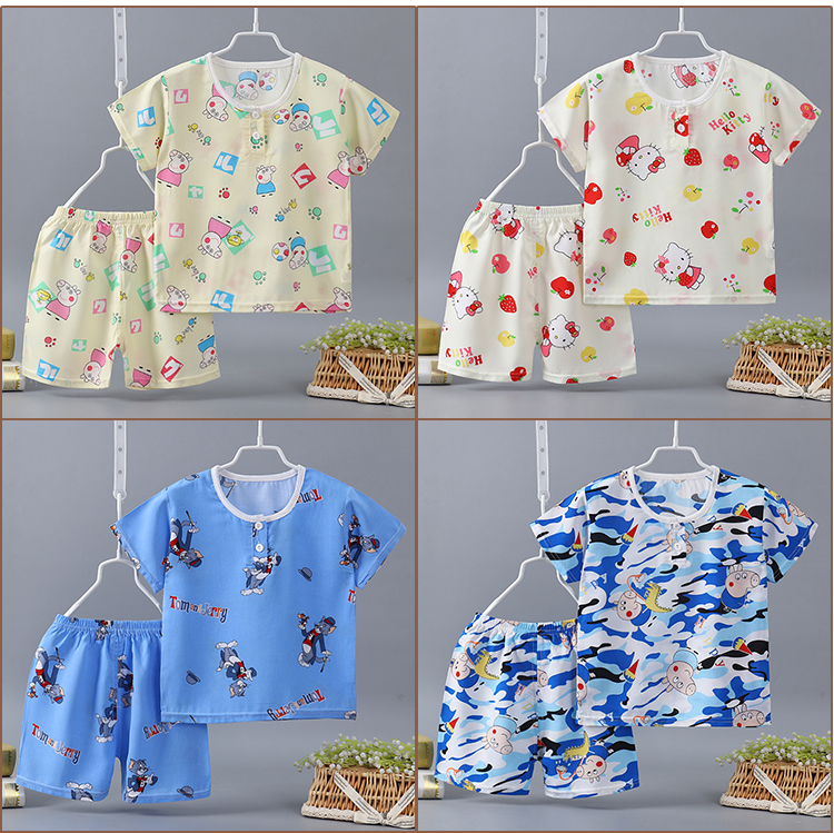 Mùa hè bé ngắn tay áo phù hợp với mới chàng trai và cô gái cotton lụa nhà dịch vụ bé nhân tạo cotton mỏng đồ ngủ điều hòa không khí dịch vụ