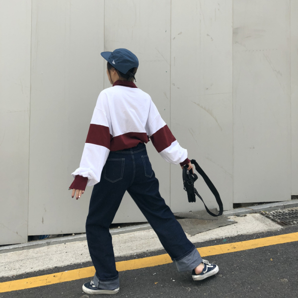 Đất hoang tùy chỉnh mùa thu ban đầu retro loose ve áo khâu in POLO Cao Cổ áo len T-Shirt quần áo nữ mùa hè đẹp