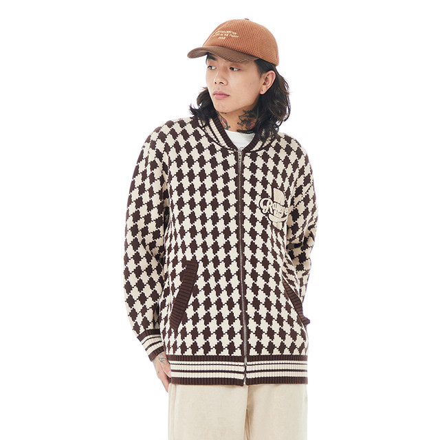 RAPPEYE checkerboard knitted sweater ສໍາລັບຜູ້ຊາຍແລະແມ່ຍິງໃນພາກຮຽນ spring ແລະດູໃບໄມ້ລົ່ນແບບຍີ່ປຸ່ນຄູ່ນ່ຶ lazy style jacket retro cardigan sweater