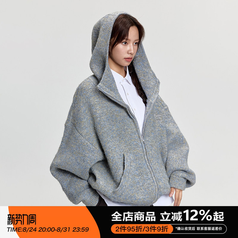 Rappeye Versatile College Style Loose Knit Hooded Cardigan Top Faux Mohair Sweater Jacket for Women