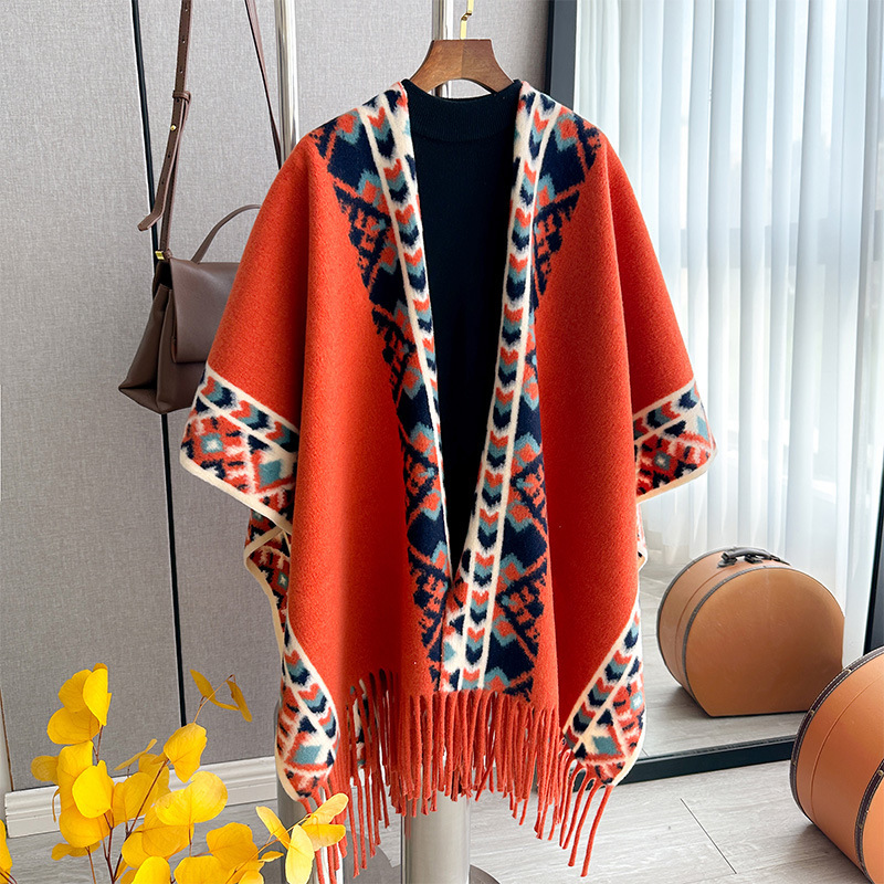New Ethnic Style Cape Shawl for Travel, Trendy Thickened Warm Faux Cashmere Scarf, Popular Style