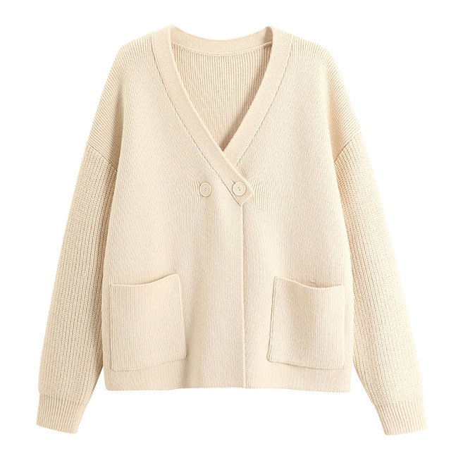 IMCC ອອກແບບ niche ລຸ້ນໃຫຍ່ wool thickened sweater ແມ່ຍິງ cardigan ຂ້າມປຸ່ມສອງປຸ່ມ V-neck ວ່າງເທິງ