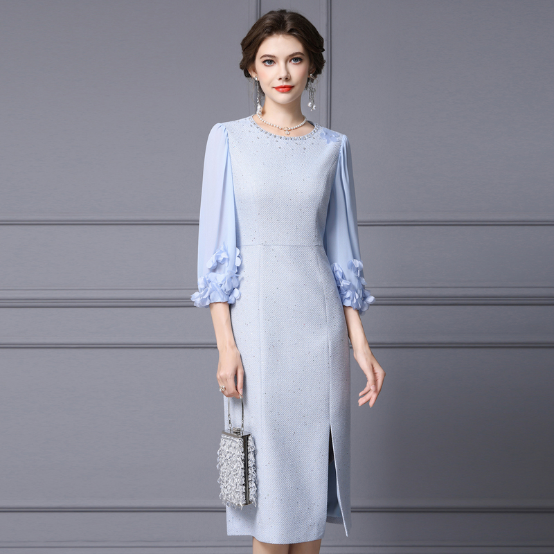 Zhilili Beautiful and Cool Style Dress, New Spring and Autumn Floral Embellished High-End French Slim-Fit Bodycon Dress