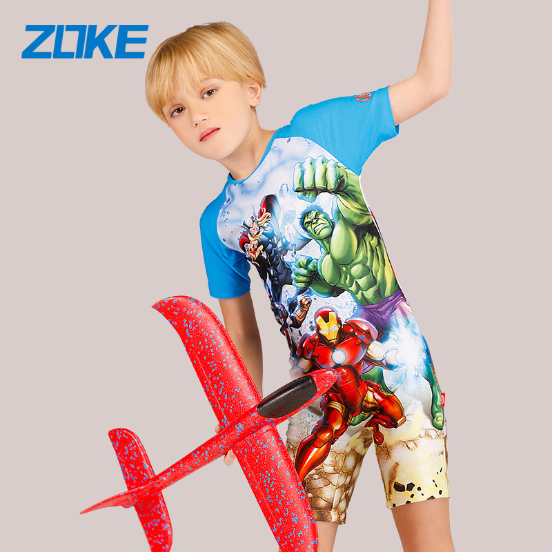 zoke Children's swimsuit Boys one-piece flat angle swimming trunks Medium and large boy boys warm sunscreen baby bathing suit set