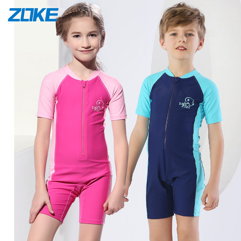 zoke children's swimsuit boys short sleeve sunscreen swimsuit girls sports conjoined flat-angle swimsuit girls