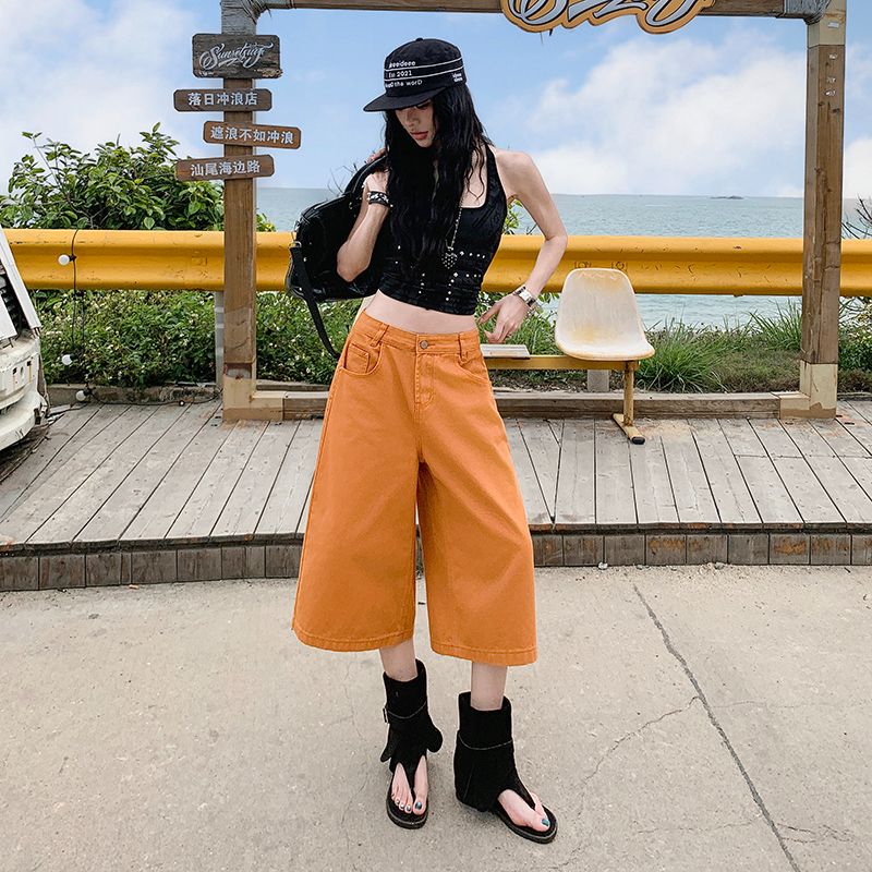 American-Style Orange Wide-Leg Jeans for Women, Summer 2026 New High-Waisted Slimming Loose Straight-Leg Cropped Shorts