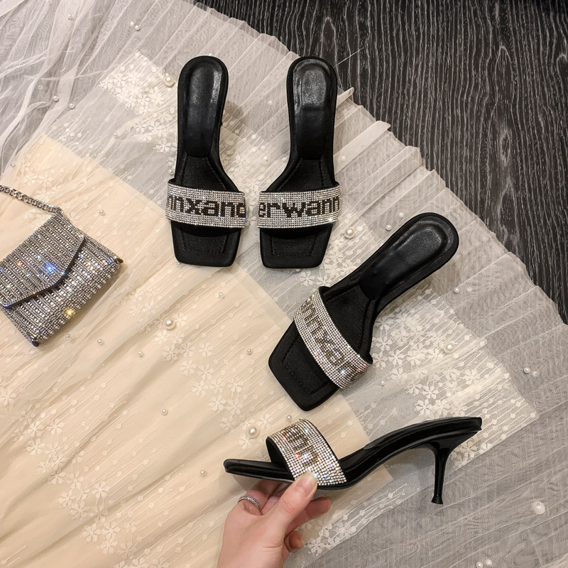 Sandals women's stiletto heels 2022 new summer open-toe high-heeled shoes with rhinestone letters sandals and slippers for beach wear