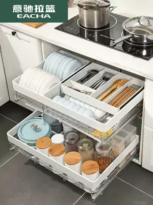 Yichi double-layer kitchen overall cabinet 304 stainless steel drawer type built-in shelf to store seasoning dishes dishes pull basket