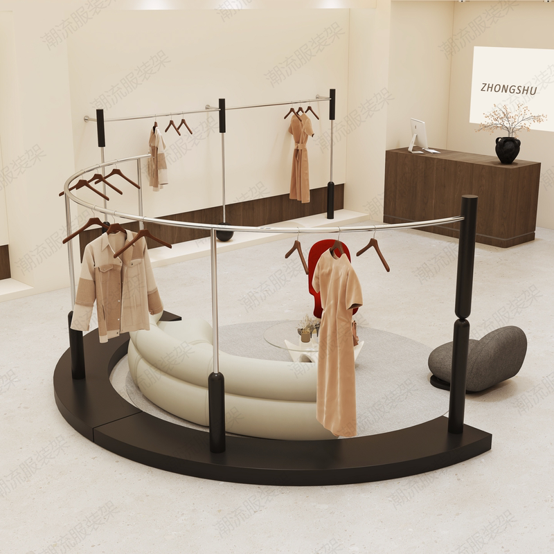 Clothing Store Display Rack in Walnut Color, Floor-Standing Display Stand with Shelves, Black Curved Island Display Shelf for Women's Clothing, Men's Clothing Rack