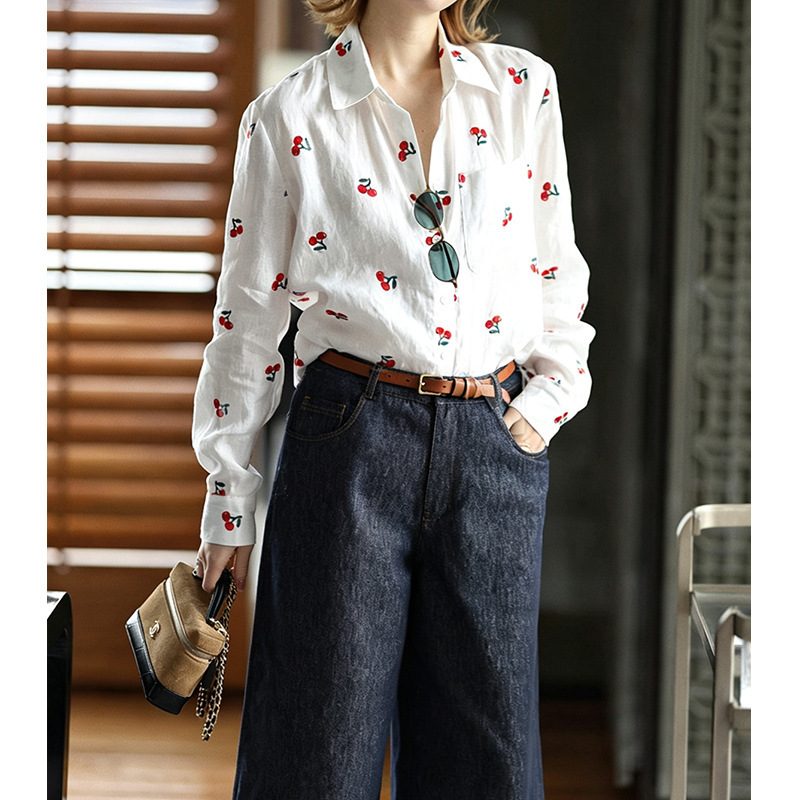 2026 Autumn New Style Turn-Down Collar Linen Shirt for Women with White and Red Cherry Print, Casual Versatile Slimming Shirt