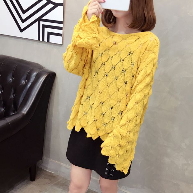 Mùa xuân phụ nữ bán buôn phiên bản Hàn Quốc của áo mới kèn trùm đầu tay áo sơ mi cổ áo rỗng áo len mỏng áo len dáng dài