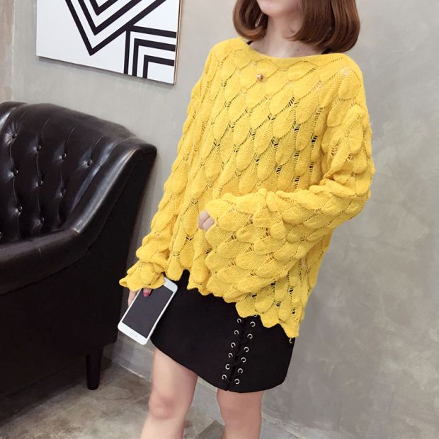 Mùa xuân phụ nữ bán buôn phiên bản Hàn Quốc của áo mới kèn trùm đầu tay áo sơ mi cổ áo rỗng áo len mỏng áo len dáng dài