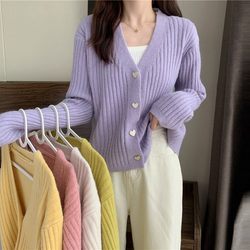 ຂາຍສົ່ງເຄື່ອງນຸ່ງຜູ້ຍິງພາກຮຽນ spring ແບບເກົາຫລີໃຫມ່ Versatile Loose Gentle Knitted Sweater Lazy Loose V-neck Sweater Jacket Trendy