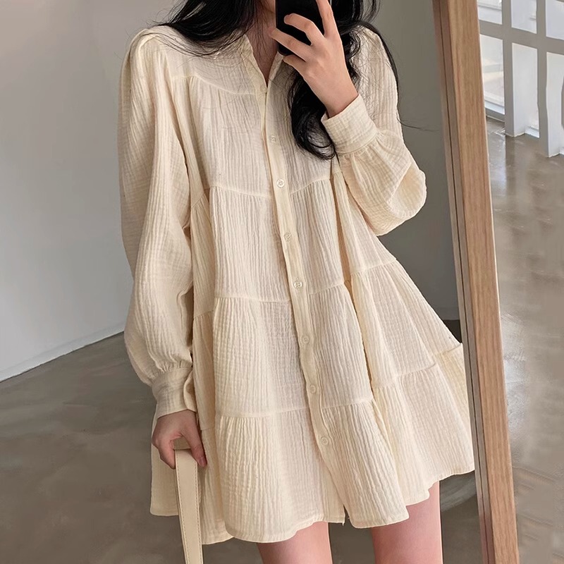Spring Women's Clothing Wholesale New Style Elegant Loose Fit Tummy-Covering Age-Reducing Puff Sleeve Ruched Short Babydoll Shirt Dress