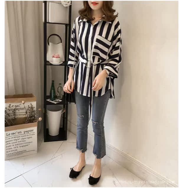 Mùa thu đông 2018 của phụ nữ phiên bản Hàn Quốc của thời trang mới hoang dã thắt lưng giản dị áo sơ mi sinh viên áo sơ mi sọc rộng áo sơ mi tay phồng