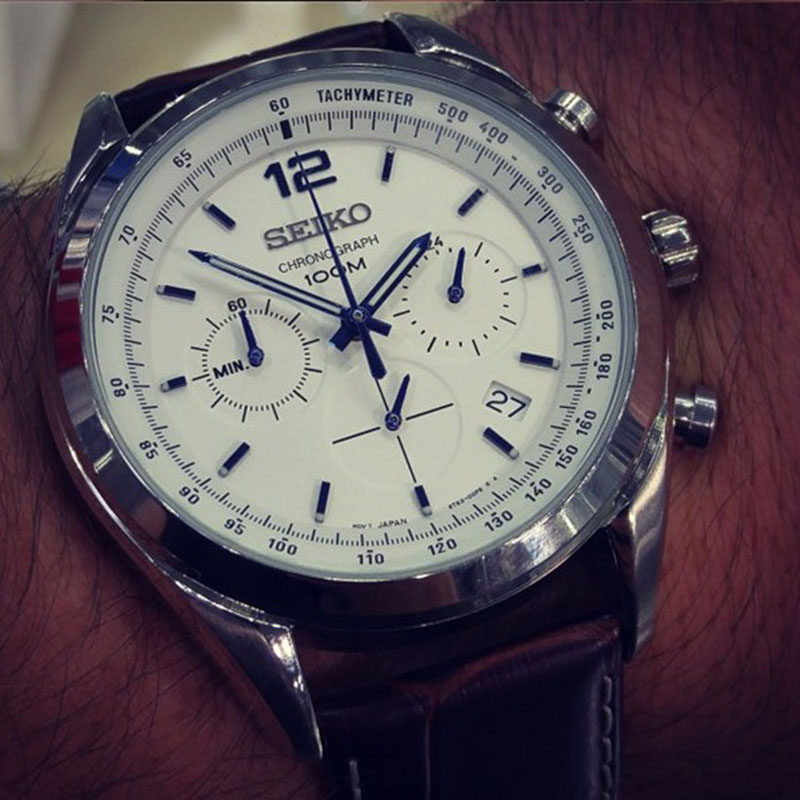 Overseas Seiko Fine Work Black Leather Strap Chronograph Light Pointer Men's Watches SSB095