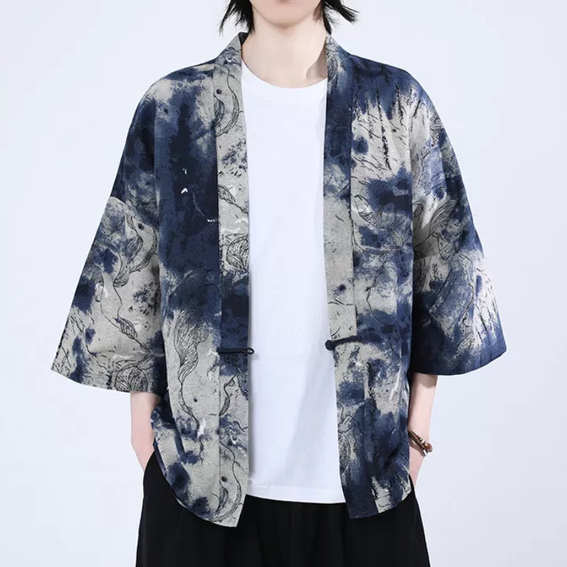 Chinese Tang Suit, Improved Hanfu, Kimono, Artistic Chinese Style Robe, Men's Ethnic Style Cardigan, Cotton and Linen Button-Down Jacket
