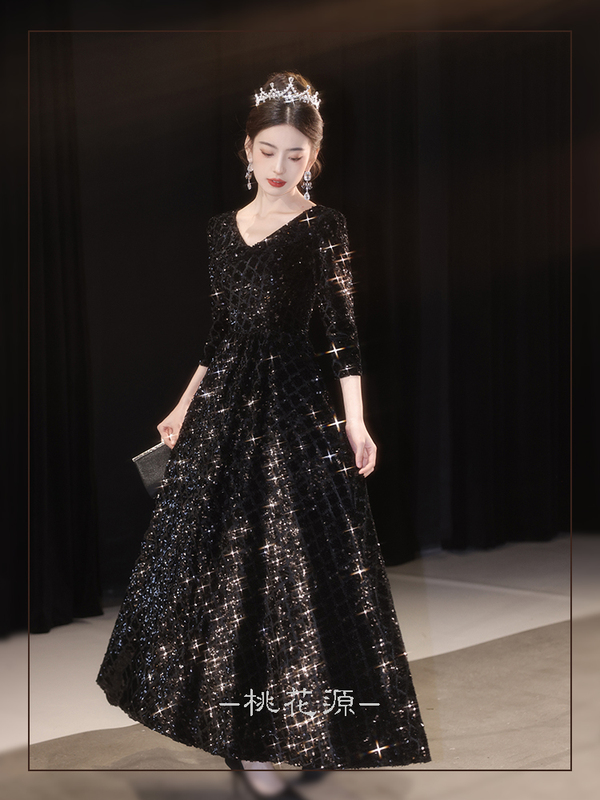 New Women's Performance Evening Dress, Toast Host Stage Sequin Long Classy Slim-Fit Black Banquet Engagement Dress New Women's Performance Evening Dress, Toast Host Stage Sequin Long Classy Slim-Fit Black Banquet Engagement Dress