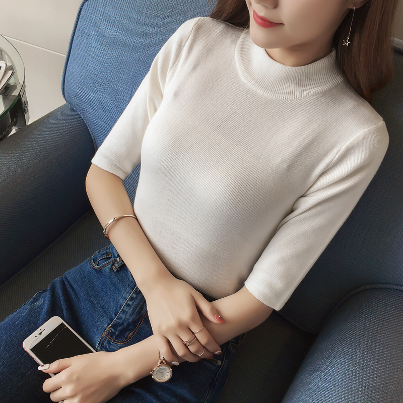 Mùa xuân 2017 thu đông mới nửa cổ cao tay áo len năm điểm nữ mỏng Phần tay áo trùm đầu mỏng áo len mùa hè quần áo nữ đẹp
