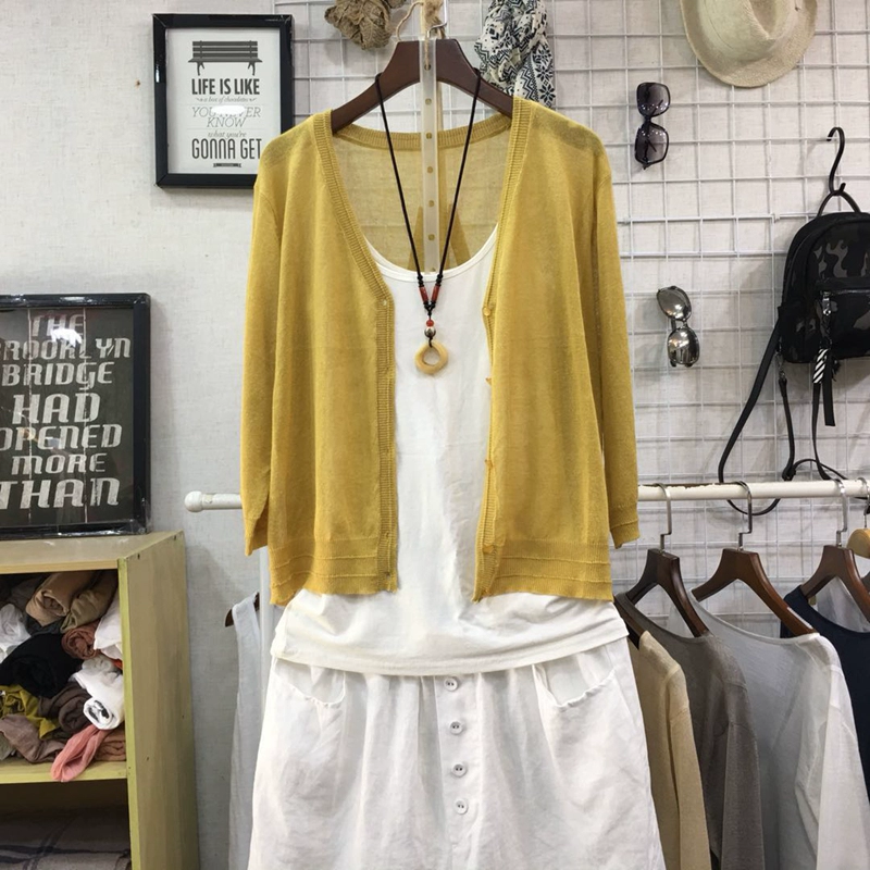 Mùa hè mới của phụ nữ lỏng lẻo văn học màu rắn linen bảy điểm tay áo đan cardigan áo khoác mỏng vest kem chống nắng áo sơ mi áo khoác len nữ ngắn