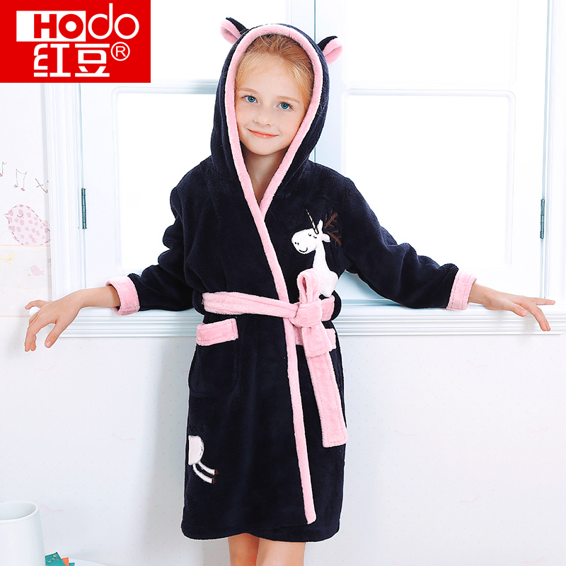 Red Bean Children Bathrobe Girl Cute Flannel Suede Cap Hit with Coral Suede Winter Warm Thickened Sleeping Robe