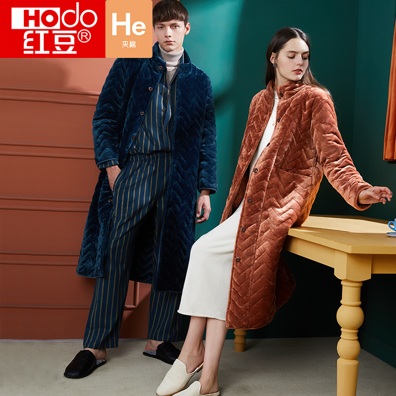 Red Bean Lovers Laid cotton Sleeping ladies Coral Suede Sleeping Dress Thicken Warm Bathrobe Flannel Suede Male home Sleeping Robe