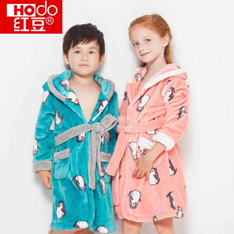 Red Bean Children Sleeping Robes Coral Suede Thickening Boy Cute Printed Girl even hat flange suede Bathrobe for autumn and winter pyjamas