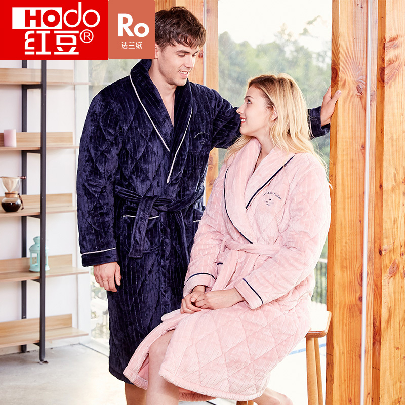 Red Bean Coral Suede Nip Cotton Sleeping Robe Couple Women's Winter Flannel Suede Home Autumn Winter Thickening Lengthened Warm Men's Home Clothing