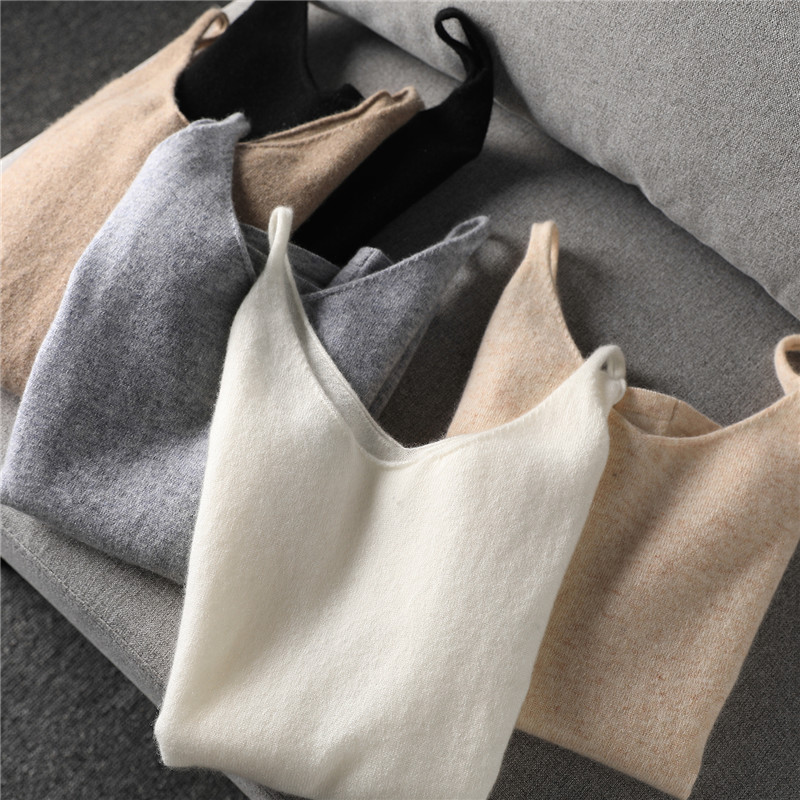 Cashmere Knitted Camisole for Women, V-Neck, Autumn and Winter Short Sleeveless Base Layer, Close-Fitting, Simple and Versatile