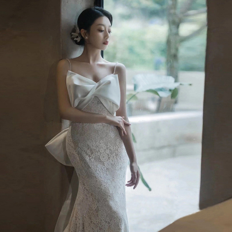 French light wedding dress 2022 new bride small man dress super fairy forest line out yarn trailing female summer suspenders