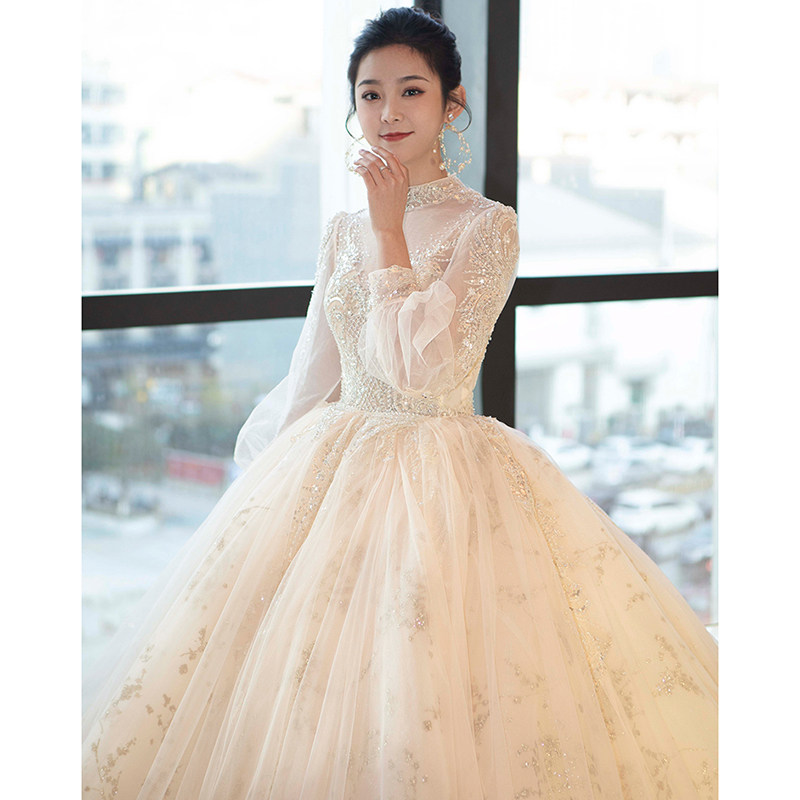 French long sleeve wedding dress 2022 new bridal high-end big tail main yarn court style small man summer high-end sense