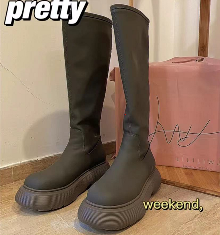 Li Wanjun same gray green thick sole boots female side zipper round head but knee knight boots are thin