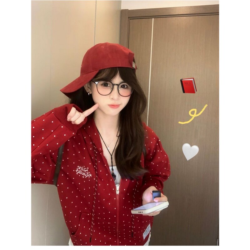 American-Style Polka Dot All-Over Letter Embroidery Hooded Sweatshirt for Women, New Spring and Autumn Loose-Fitting Niche Design Cardigan Jacket American-Style Polka Dot All-Over Letter Embroidery Hooded Sweatshirt for Women, New Spring and Autumn Loose-Fitting Niche Design Cardigan Jacket
