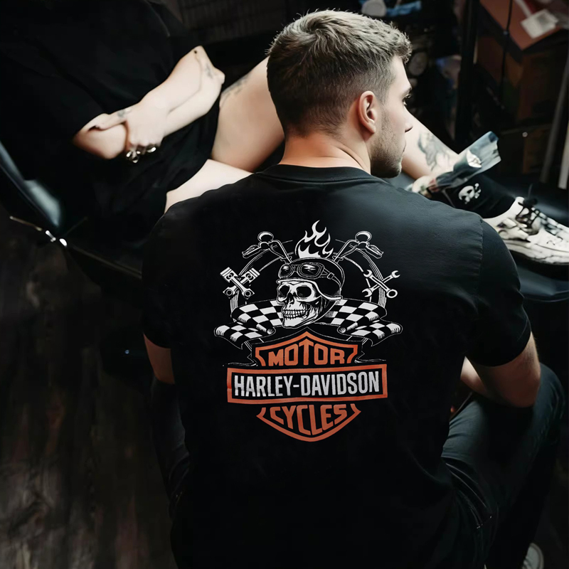 American-Style All-Cotton Trendy Brand Motorcycle Style Harley Skull Print Short-Sleeve Couple's T-Shirt for Men and Women American-Style All-Cotton Trendy Brand Motorcycle Style Harley Skull Print Short-Sleeve Couple's T-Shirt for Men and Women