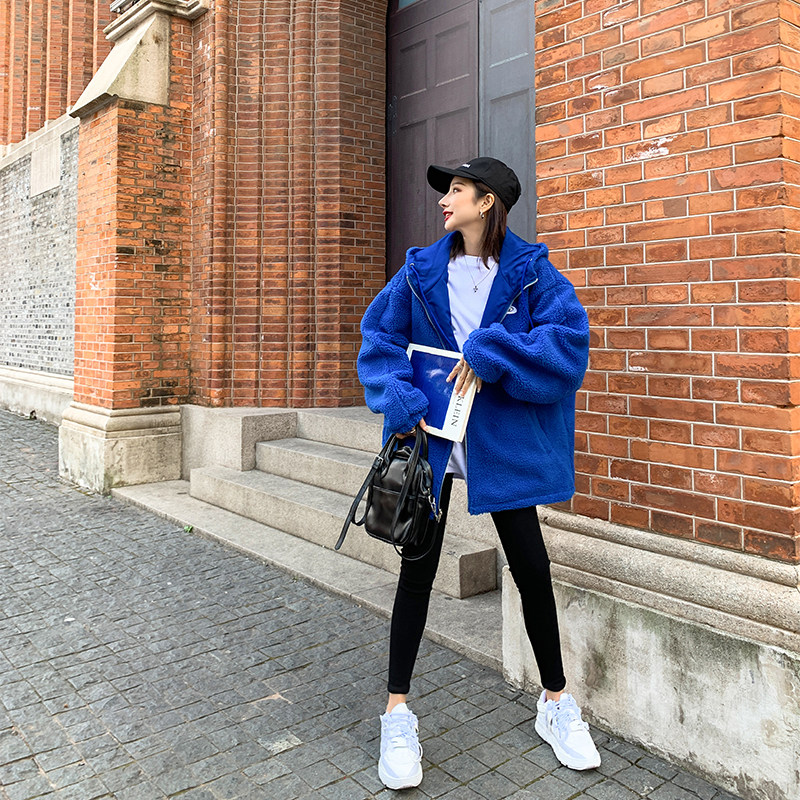 Six gold home positive and negative two wear solid color lamb coat women's winter new loose thickened zipper hooded jacket tide