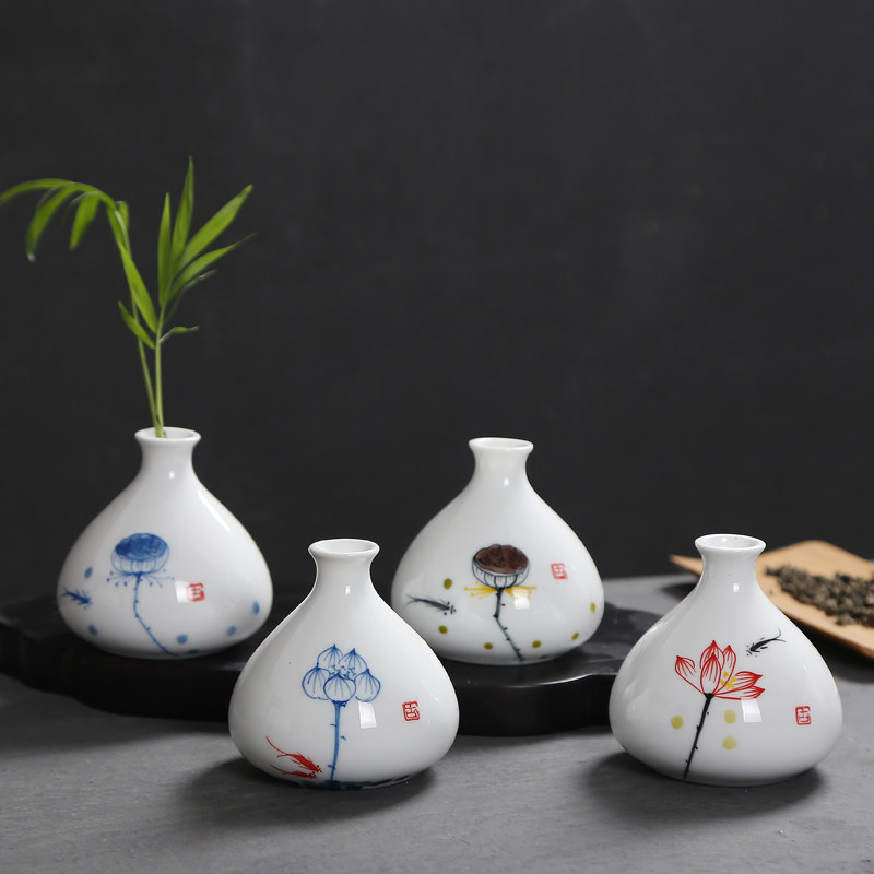 Hand Painted Ceramic Small Floral Hand Painted Hydroponic home Decorative Items Swing Piece Creative Tea Art Vase Green and Blossom Inserts of Tea Road 