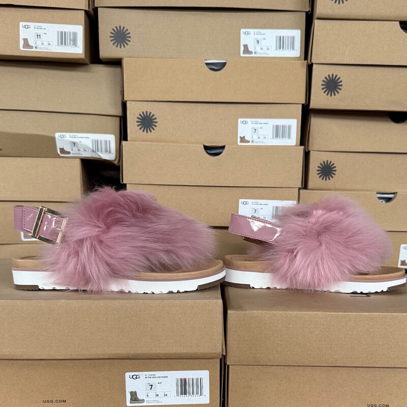 Ugg Women's Spring and Summer Sandals, Genuine Store Product, Sheepskin Fashion Versatile Furry Flat Shoes 1102770